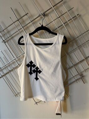 ROMWE White Ribbed Cropped Tank with Black Gothic Cross